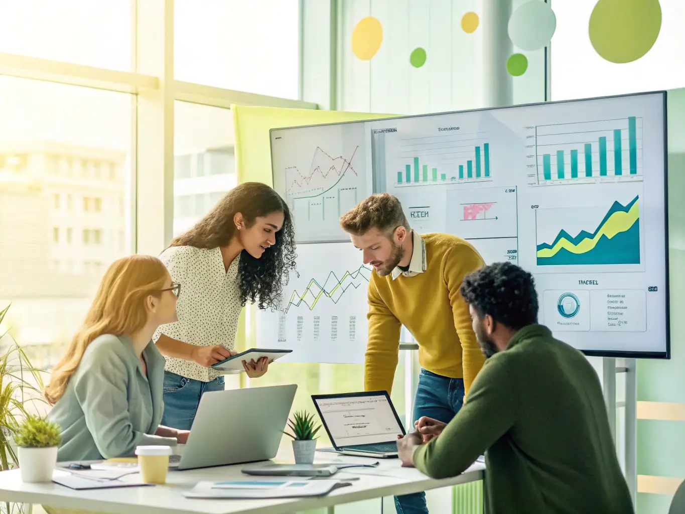 Researchers collaborating on data analysis and community feedback related to a pilot study on embodied mental health, showcasing charts and graphs in a bright, modern office.