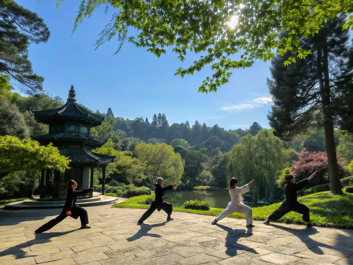 A diverse group of participants engages in a mindful martial arts session outdoors, focusing on controlled movements and breathing exercises, symbolizing the integration of physical activity with mental well-being and trauma recovery.